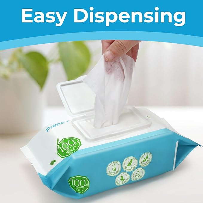 Prime Pets Dog Wipes for Paws and Butt, 300 Count, 8" x 6" Pet Grooming Wipes for Dogs Cats Cleaning Deodorizing, Unscented Dog Paw Wipes, Puppy Wipes for Face Bum Eyes Ears Teeth
