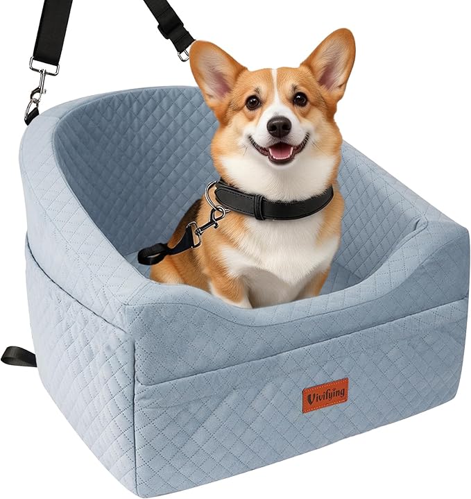 Vivifying Dog Car Seat for Small & Medium Dogs, Detachable & Washable Booster Seat for Pets Up to 30lbs, Travel Bed with Storage Pockets and Safety Belt – Gray