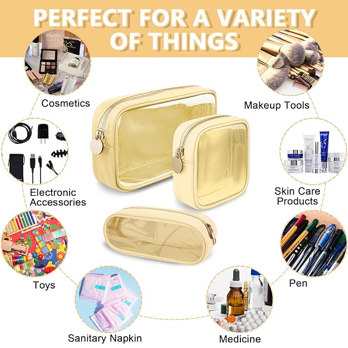 Clear Small Makeup Bag with Zipper, Nylon&PVC Cosmetic Travel Bag Preppy TSA Approved Toiletry Bag for Women Girls, Transparent Waterproof Makeup Pouches Cute Travel Bag for Purse(Small-Beige)