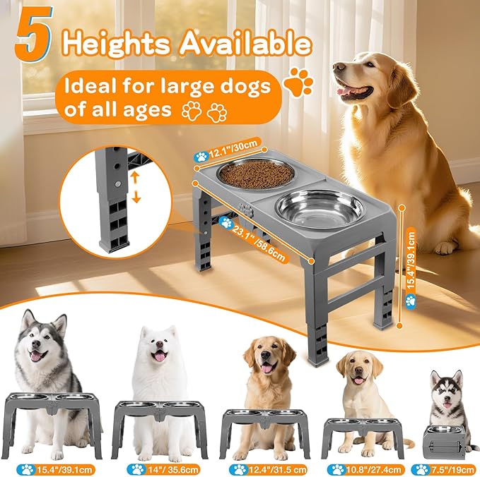 Elevated Dog Bowls for Large Dogs 5 Adjustable Heights 7.5"-15.4", 2 X-Large 10” Stainless Steel Bowls, Heavy Duty Raised Dog Bowl Stand Foldable Pet Feeder for Dogs Shoulder Height Over 15”, Grey