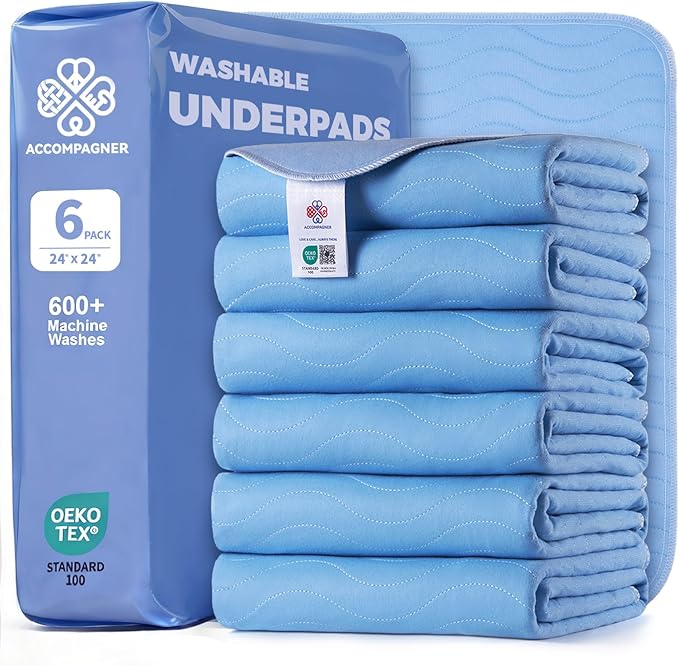 Accompagner Waterproof Reusable for Adults and Pets Washable Pee Pads for Dogs Changing Pad Large Dog Bed Size Adults Incontinence Bed Pads - Non-Slip Leak-Proof (Blue, 24"x24"(Pack of 6))
