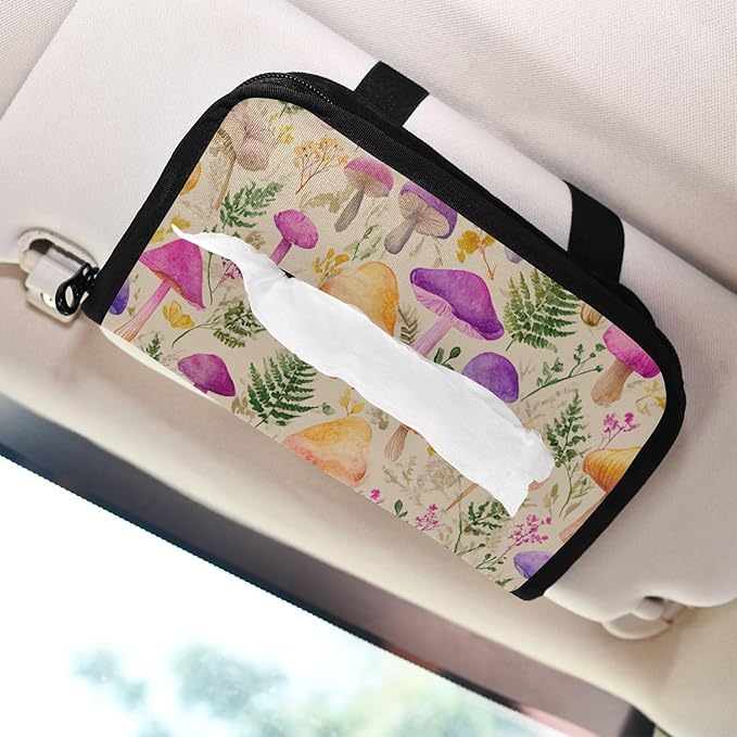 Car Tissue Holder Car Napkin Holder Car Tissue Box Dispenser Storage Case Sun Visor Mask Holder with Adjustable Straps Reusable Refillable Mushroom Colorful Pattern