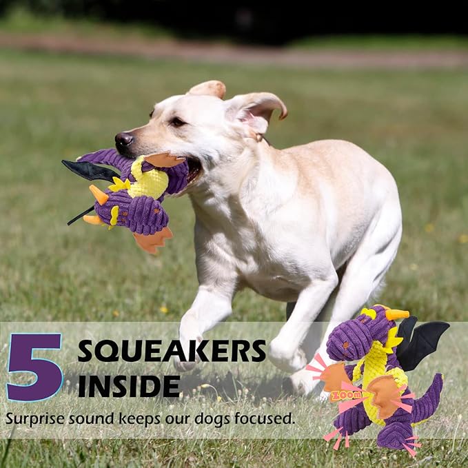 GOOLA Purple Dragon Dog Toy, Plush Squeaky Toy for Large Breeds, Interactive Fun with 5 Squeakers, Chew Toys for Puppies & Adult Dogs