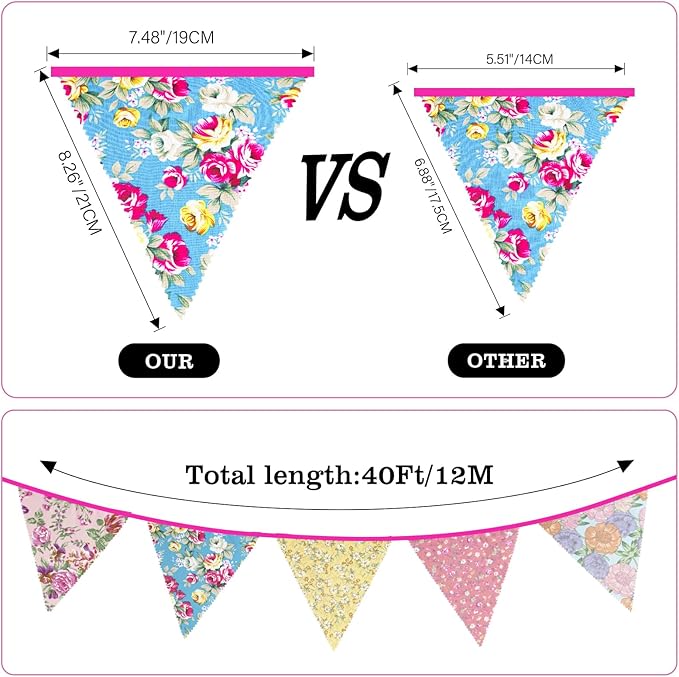 G2PLUS 39Ft Triangle Bunting Banner, Floral Cotton Pennant Banner, 42pcs Reusable Vintage Fabric Triangle Flags for Wedding, Birthday, Tea Party, Shabby Chic Garden Decorations