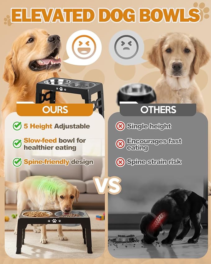 Jovrun Elevated Dog Bowls, Dog Feeder with Stainless Steel Dishes & Slow Feeder Bowl, 5 Heights Adjustable Raised Stand for Medium Large, Food Dishes with Non-Slip Feet