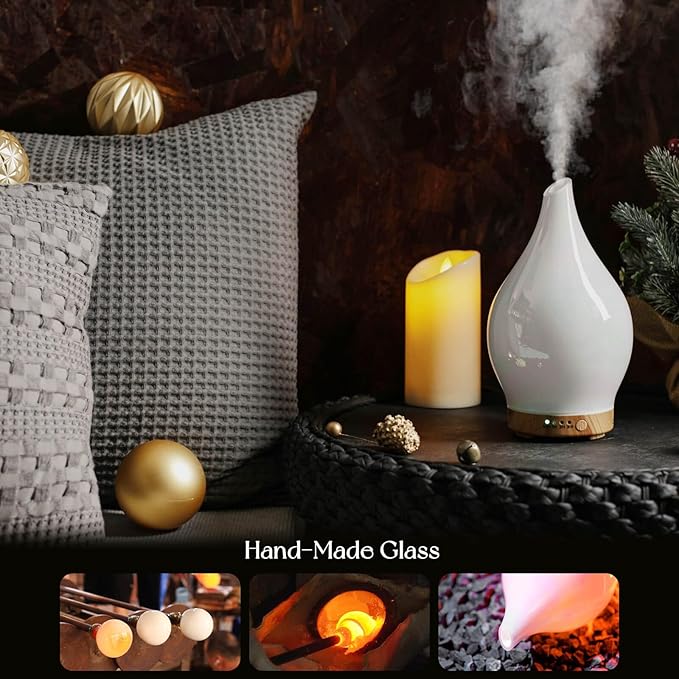 Porseme 150ml Essential Oil Diffuser Glass Color Changing Aroma Air Diffusers Aromatherapy Ultrasonic Cool Mist Humidifier 6 Running Hours Waterless Auto-Off for Sleeping Yoga Office Spa (White Jade)