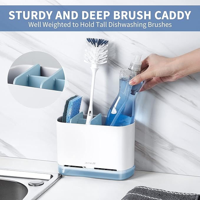 JOMOLA Dish Brush Caddy for Kitchen Sink Toothbrush Holders for Bathrooms Sink Sponge Holder Kitchen Counter Scrub Soap Brush Organizer Sinkware Caddy with Drain Tray Dividers (Blue)
