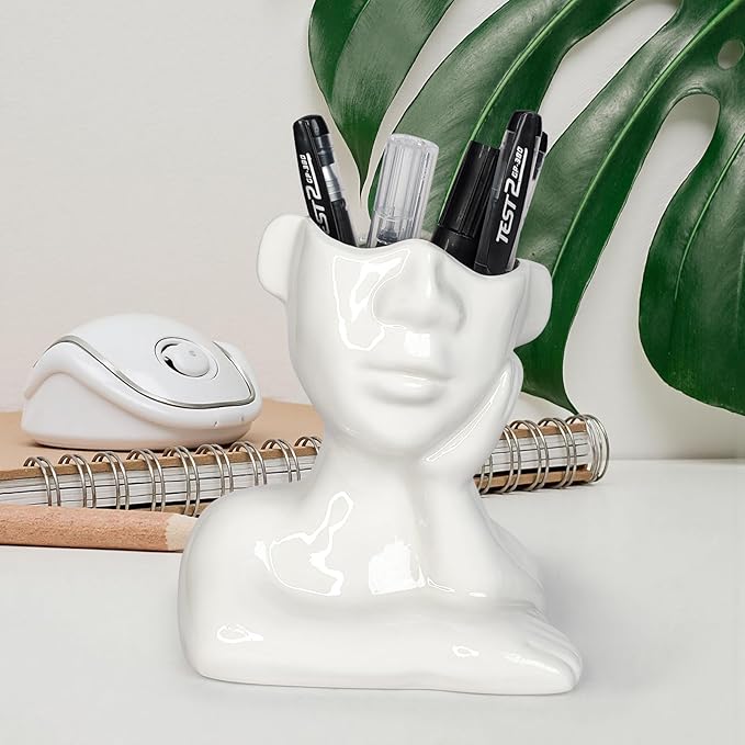 Ceramic Face Pen Holder Organizer, Female Form Face Pen Tools Storage Cup for Desk Accessories, Compact Pencil Holder for Desktop, Living Room, School, Home and Office Decor
