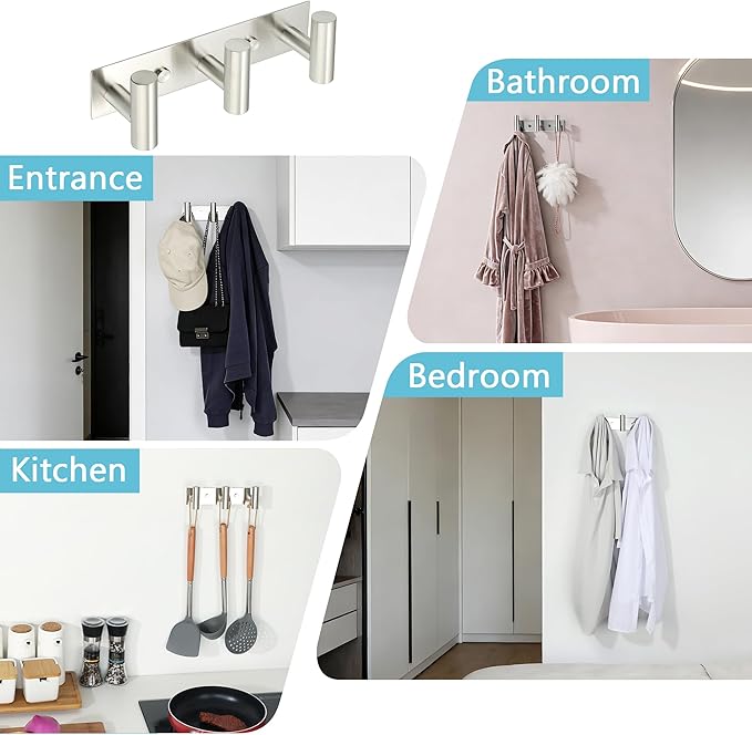 Alise Coat Hooks Hat and Coat Rack with 3 Hooks Wall Mount Key Hooks for Robes, Bags, Keys, and Towels,SUS304 Stainless Steel Wall Hooks for Hanging,Self Adhesive or Drilling Mounted,Brushed