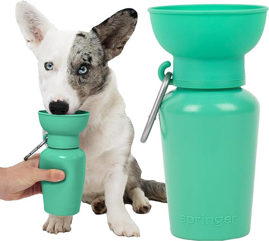 Springer by Springland Flip Portable Dog Water Bottle with Foldable Food Grade Silicone Bowl - 20 Ounce Travel Dog Water Bottle Ideal for Camping - Easy Squeeze Hydration & Release to Drain
