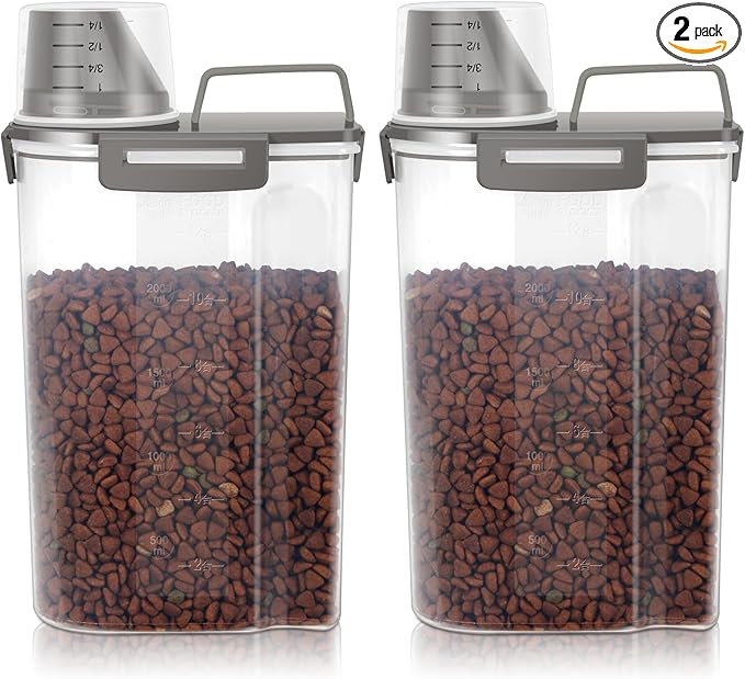 LEAWALK 3-5Lbs Airtight Small Cat Dog Pet Food Storage Containers BPA Free, with Large Pour Spout/1 Measuring Cup/4 Safety Locks and Double-layer Silicone Strip (Olive Gray 2Pack