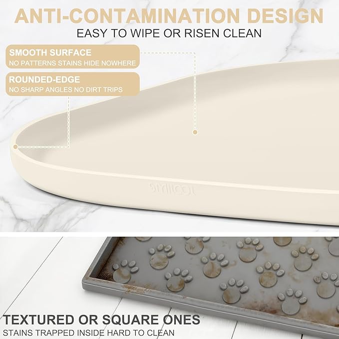 SMILOOL Silicone Pet Food Mat with Raised Edge for Food and Water Bowl, Dog Feeding Mats, Cat Food Trays for Floor Waterproof, Rubber Tray for Dogs and Cats, 22 x 14 x 0.8 White Sand