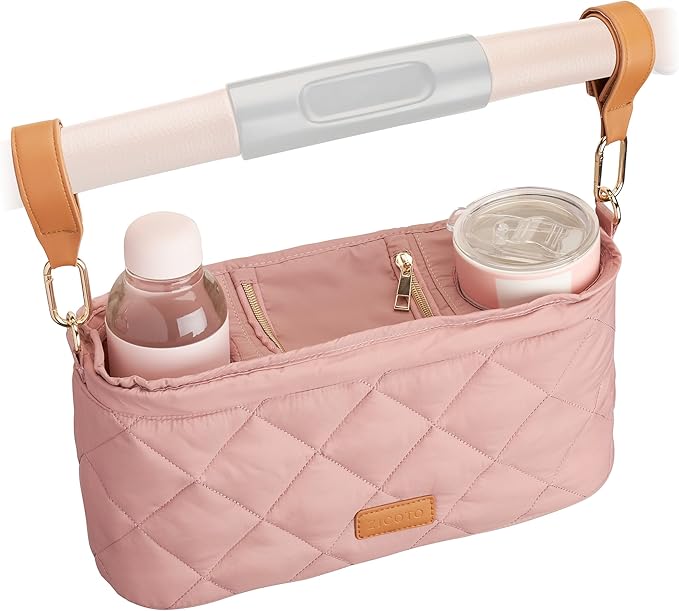 Beautiful Stroller Caddy Organizer With 2 Cup Holders – Luxury Stroller Bag, Universal Fit, Leather Straps & Zipper Pocket – Spacious Accessories Perfectly Fits Doona, Nuna & Uppababy Strollers