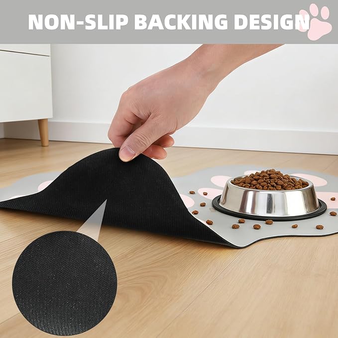 PUPTECK Dog Food Mat, Quick Absorbent Pet Cat Feeding Mat, Anti-Slip Dog Placemat for Food and Water Bowls with Rubber Backing, No Stains Floors Waterproof Indoor, LightGrey & Pink 16"x24"
