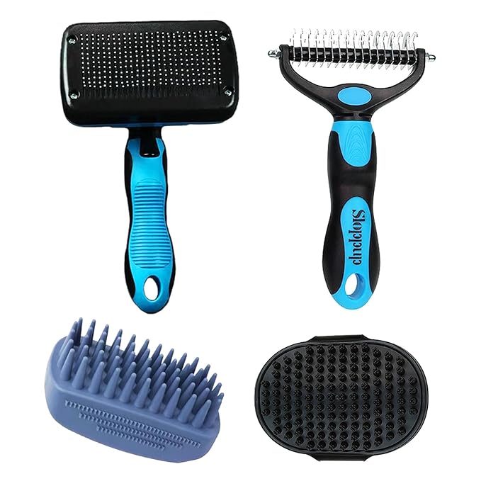 PETIMP STORE Dog Brush Kit for Grooming Short & Long Haired Dogs & Cats, 4-in-1 Pet Grooming Set with Self-Cleaning Slicker Brush, Deshedding Tool, Shampoo Bath Comb, Massge Comb (Blue Black)