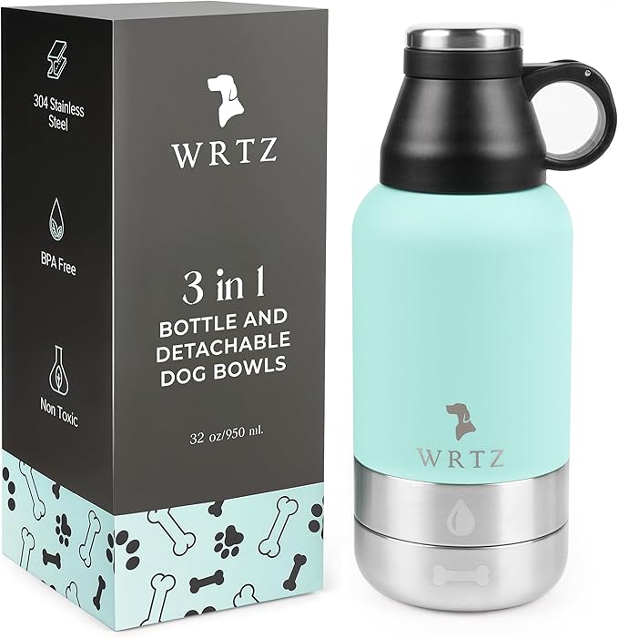 Stainless Steel Insulated Water Bottle with 2 Removable Water Bowls for Dogs – Leak-Proof Portable Dog Water Bottle - Travel Accessories for Dogs - 32oz - Teal