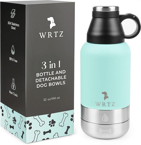 Stainless Steel Insulated Water Bottle with 2 Removable Water Bowls for Dogs – Leak-Proof Portable Dog Water Bottle - Travel Accessories for Dogs - 32oz - Teal