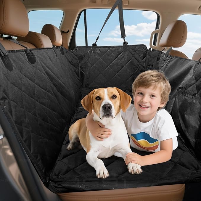 ISAGAPOY Back Seat Extender for Dogs - Large Space, Hard Bottom Pet Car Seat Cover (Holds 400lbs) with Removable Soft Blankets & Travel Portable Dog Bowl, Waterproof Dog Hammock for Trucks