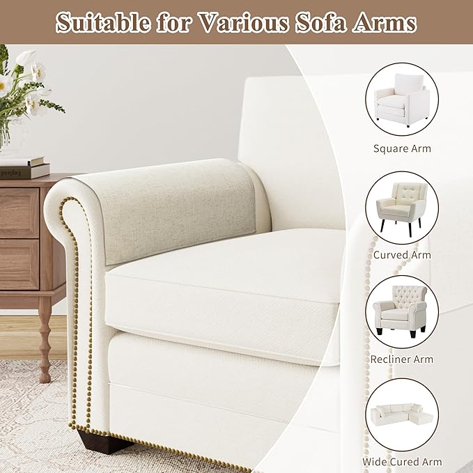 SPWIY Couch Arm Covers Linen Chair Arm Covers 2 Pieces Washable Recliner Armrest Cover for Pets Stain Resistant & Anti-Scratch Furniture Protector for Sofa, Beige, 20" W x 24" L