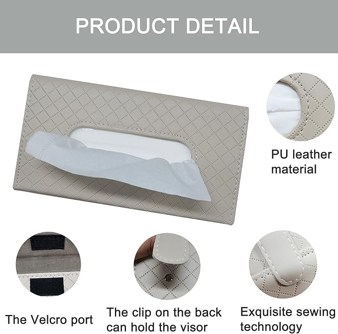 Car Sun Visor Tissue Holder, Car Napkin Holder, Premium PU Leather, Mask Holder for Sun Visor Vehicle, with Tissue Refill, Beige