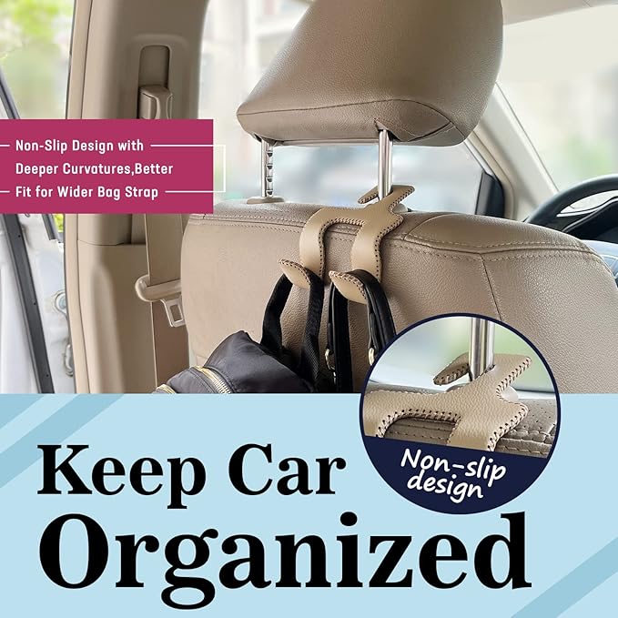 Upgraded Headrest Hooks for Purses and Bags, 2 in 1 Car Back Seat Head Rest Hanger Matching Cars Interior Genuine Leather Vehicle Storage Holder Hook, 1 Pack, Black