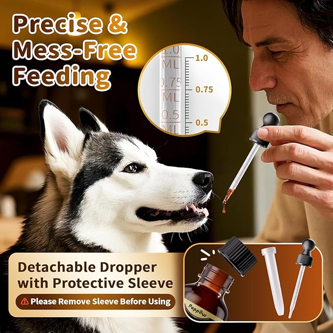 Calming Drops for Dogs, Soothe Separation, Thunder & Fireworks Stress, Support Calmness, Focus & Cognitive Health, Promote Emotional Balance, for Dogs 12 Weeks+, Chicken Flavor, 1 FL.OZ