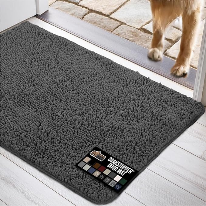 GORILLA GRIP SOAKSTOPPER Dog Door Mat, 30x20 Machine Washable Rug Absorbent Doormat Captures Moisture Mud Dirt, Quick Dry Soft Chenille Entryway Rugs Indoor Entrance Mats for Dog Paws, Charcoal