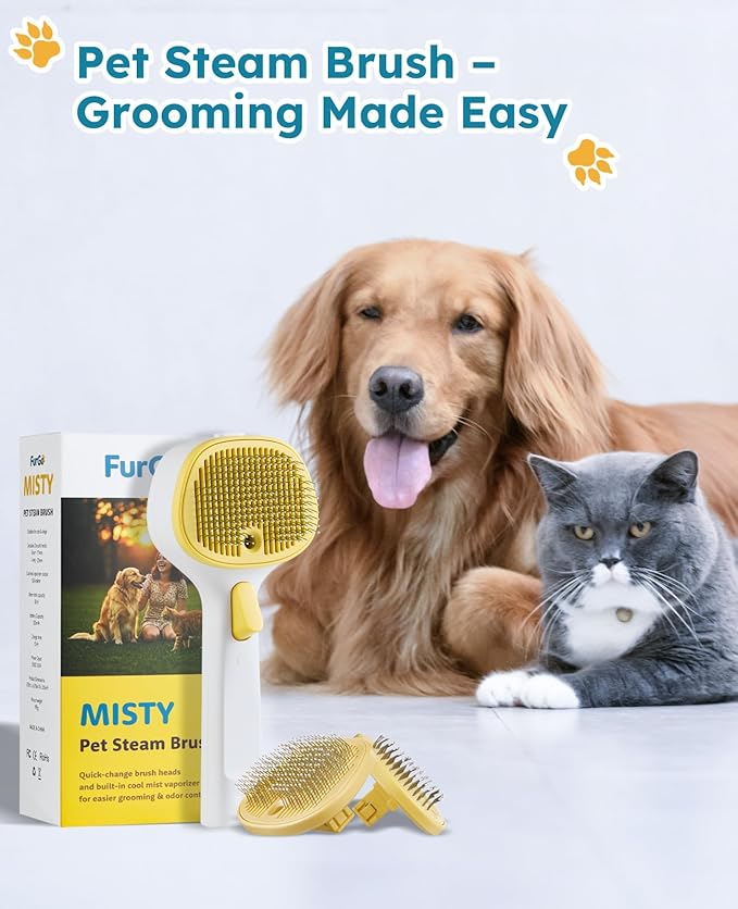 3-in-1 Anti-static Cat Steam Brush & Deshedding Tool - Cat Brush for Long/Short Hair, Reduces 95% Shedding, Easy Clean Grooming Supplies for Pet Owners (Yellow - Short Head and Long Head)