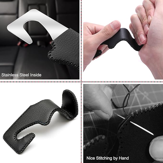 Headrest Hooks for Purses and Bags，Vehicle Back Seat Headrest Hanger Matching Cars Interior Genuine Leather Storage Holder Hook, 2 Pack, Black