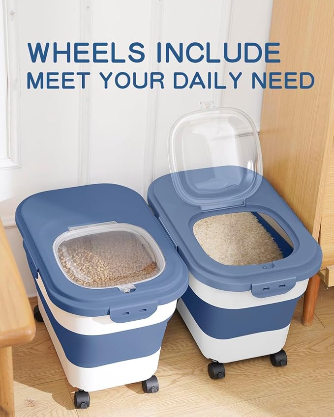 DDMOMMY 20-23 Lbs Dog Food Storage Container - Collapsible Dog Food Container with Wheels Airtight Lids, Scoop and Small Container, Pet Food Storage Dry Food For Dog, Cats and Other Pet (Blue)