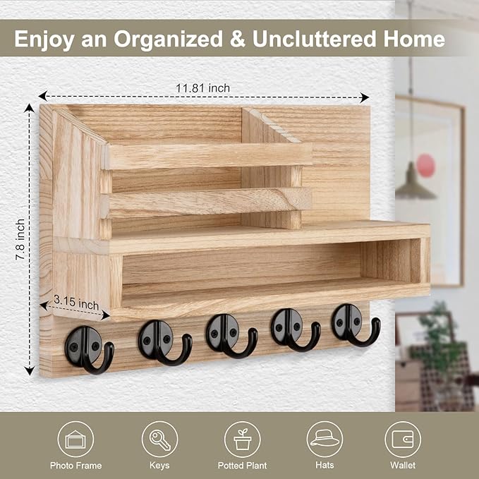Lucundm Key and Mail Holder Wall Mount, Key Hanger with Long Storage Box and Key Hooks for Coat, Dog Leash, Home Decor Rack, House Accessories, Entry Way Organizer