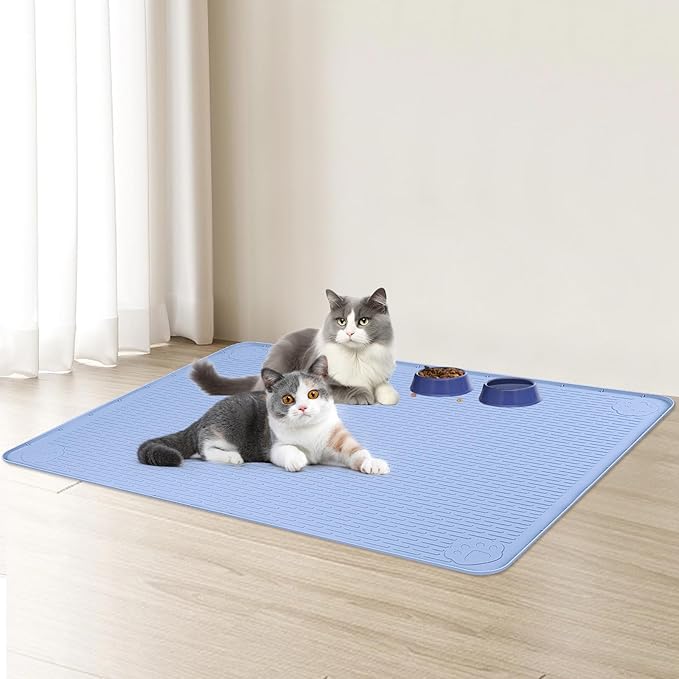 Bartuke Cat Food Mat, 34" x 22" Large Silicone Pet Feeding Mat for Food and Water Bowls Non-Slip, Easy to Clean (Blue)