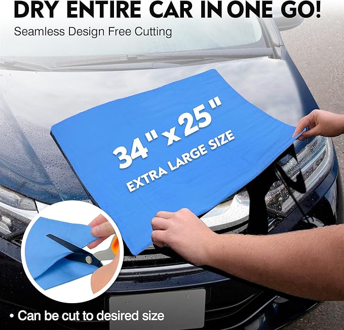ARTIPOLY Premium Shammy Cloth for Car Drying (34”x25”)-Super Absorbent Chamois Towel for Car-Reusable Shammy Towel for Car, Bathroom,Pets, Dust Remove, No Spots/Streak/Scratch, Blue