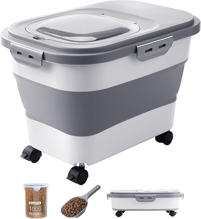 DDMOMMY 20-23 Lbs Dog Food Storage Container - Collapsible Dog Food Container with Attachable Casters and Scoop,Travel Silicone Bowl, Pet Food Storage Containers to Keep Dry Food Fresh,Easy to Move