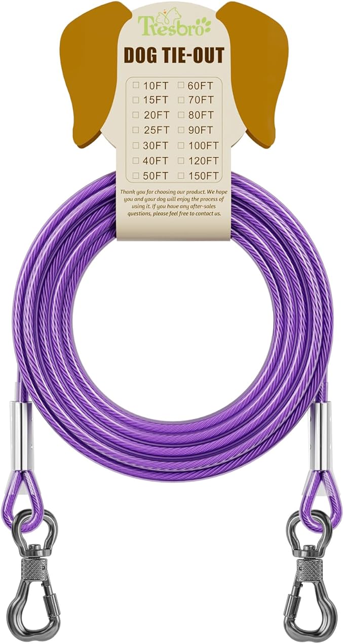 Tresbro 30FT Reflective Tie Out Cable for Dogs Up to 250 Pounds, Steel Wire Lead Leash Cable with Stainless Rotatable Buckle, Lightweight and Enduring, Dog Chains Outside for Outdoor, Yard, Purple