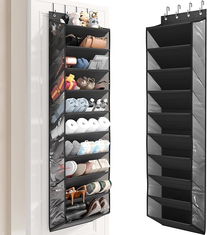 10 Tier Clear Over the Door Shoe Organizer with Deep Pockets, Door Shoes Rack with Hard Tube to Keep the Shape, Hanging Shoe Rack for Closet Organizers & Storage, Behind Door Shoe Holder Black