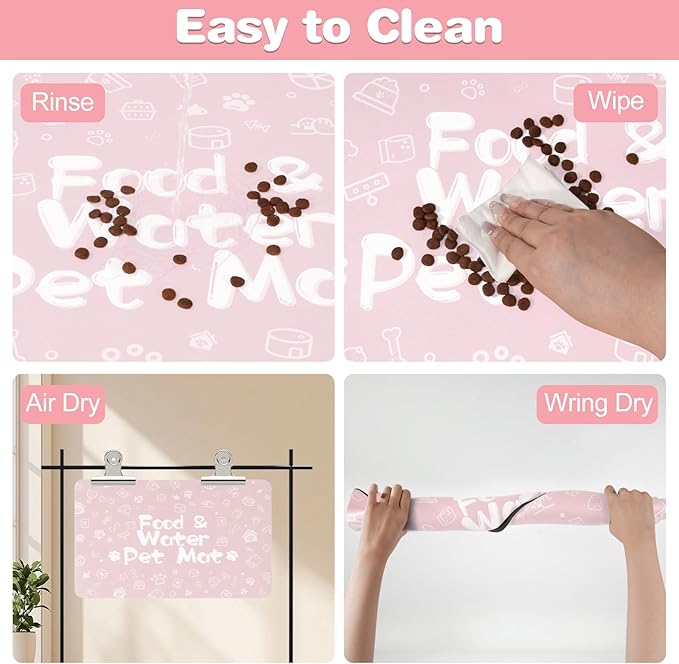 Pet Feeding Mat,Dog Cat Mat for Food and Water,Dog Bowl Waterproof Placemat with Rubber Backing,Absorbent Quick Dry Water Dispenser Mat for Pet（Pink 17"×29"）