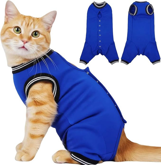 T'CHAQUE Cat Surgery Recovery Suit for Female Male, Cat Onesie Pet Surgical Pajamas Hind Legs Long Sleeve, Abdominal Wound Skin Diseases, E-Collar Alternative, Spay/Neuter Recovery Suit, RoyalBlue-L