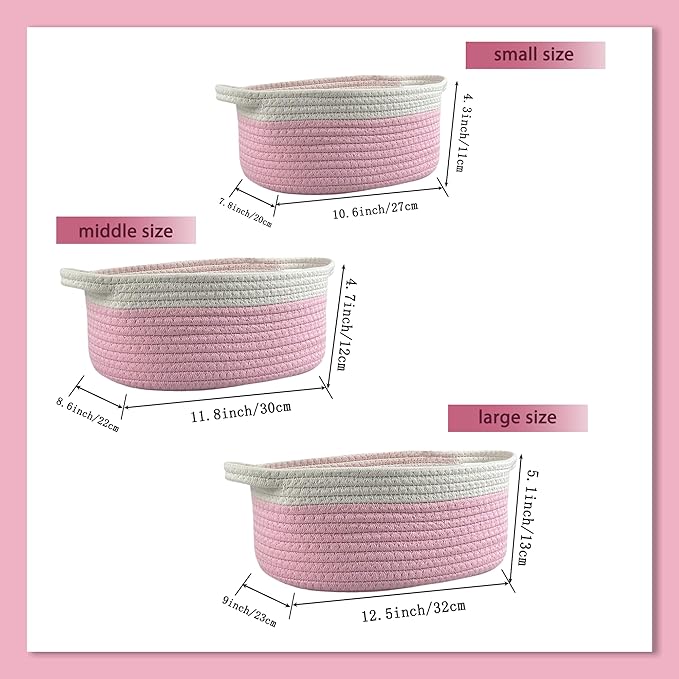Woven Cotton Rope Storage Baskets with Handles,3-Pack Multi-Use Organizer for Shelves, Wardrobe, Living Room, Bedroom,Toy Storage Empty Gift Basket,Pink Basket