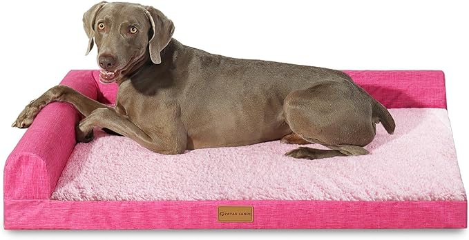 Patas Lague Orthopedic Jumbo Dog Bed for Extra Large Dogs 56''X40'', Waterproof L Bolster Jumbo Pet Sofa Beds with Removable Washable Cover, Soft Pet Couch Crate Mat with Nonskid Bottom, Pink