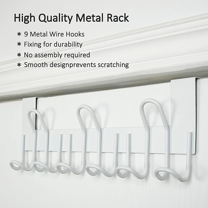 SKOLOO Over The Door Hooks - for Doors up to 1-3/4'' Thickness, Metal Door Hanger with 9 Hooks, Over The Door Hanger for Coats, Hats,Towels, White