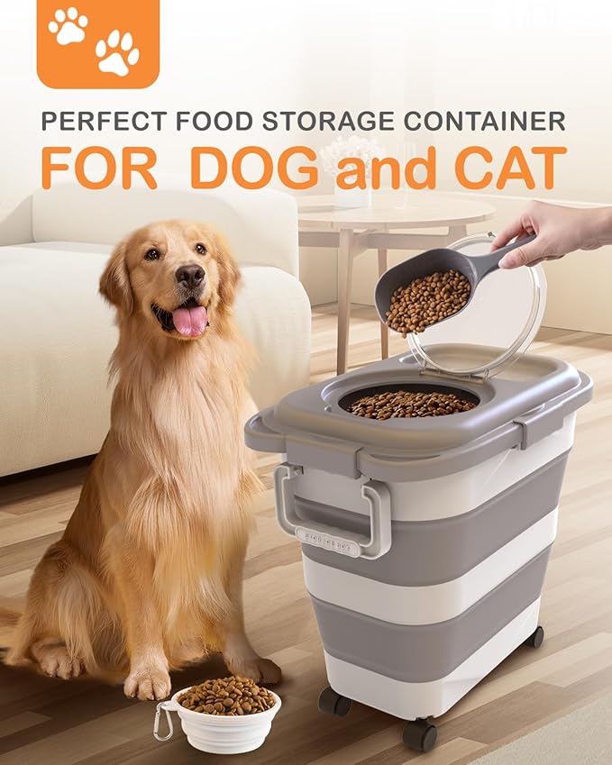 DDMOMMY 25-28 Lbs Dog Food Storage Container with Handle, Collapsible Dog Food Container with Airtight Lids, Wheels, Large Pet food storage Container for Dog Cat,Dog Food Scoop,Small Container