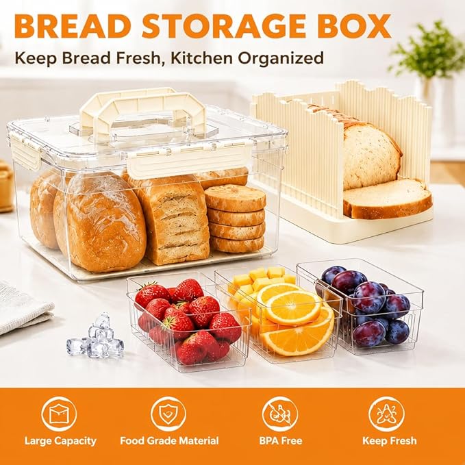Bread Box with Slicer & Ice Chilled Condiment Caddy, Portable Airtight Bread Storage Container with Lid Handle for Kitchen Counter, Bread Keeper for Homemade Bread,Toast, Bagel, Cookies, Beige