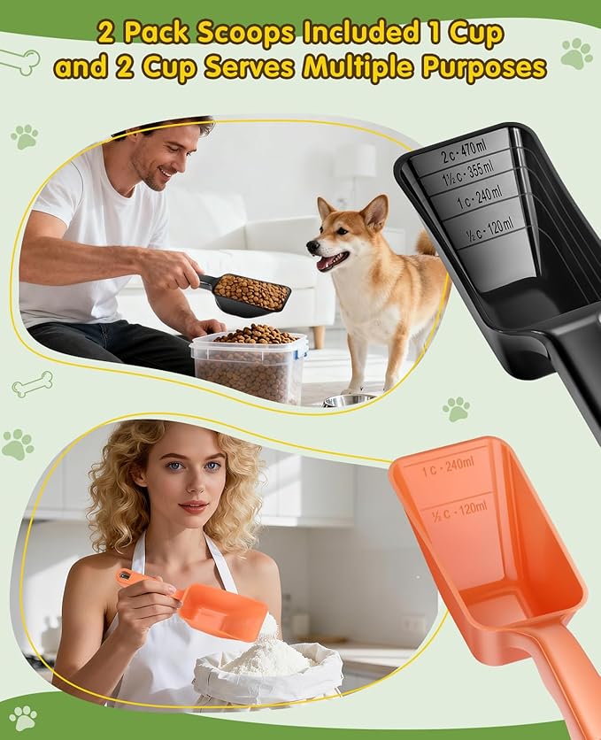 GNEOCO 2 Pack Dog Food Scoop with 1 Cup and 2 Cup Capacity, Plastic Pet Food Measuring Scoops with Clear Measurement Lines for Dogs, Cats & More,Dishwasher safe (Orange and Black)