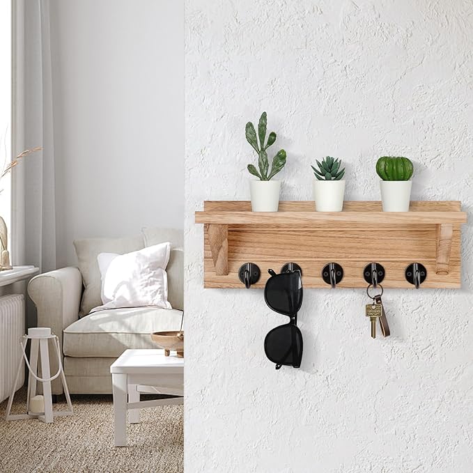 Wall Key Holder, Rustic Shelf with Hooks Made of Paulownia Wood Holds Keys, Dog Leash, Bags and More - 13.7" W x 4.7" H x 3.5" D Decorative Key Hanger and Entryway Shelf