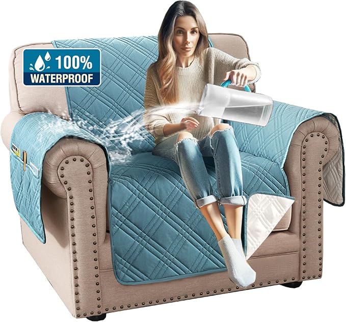 H.VERSAILTEX 100% Waterproof Arm Chair Cover Modern Armchair Slipcover Thick and Soft Chair Protectors Covers for Pets (Chair, Smoke Blue/Beige)