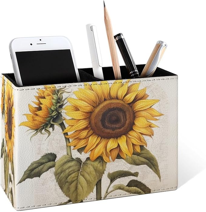 Famame Vintage Sunflowers Pencil Holder for Desk, Leather Desktop Container Pen Cup Storage Study Table Pen Organizer Makeup Brush Holder for Classroom Office Home