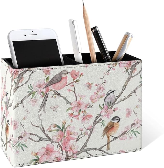 Famame Birds Peach Blossom Pencil Holder for Desk, Leather Desktop Container Pen Cup Storage Study Table Pen Organizer Makeup Brush Holder for Classroom Office Home
