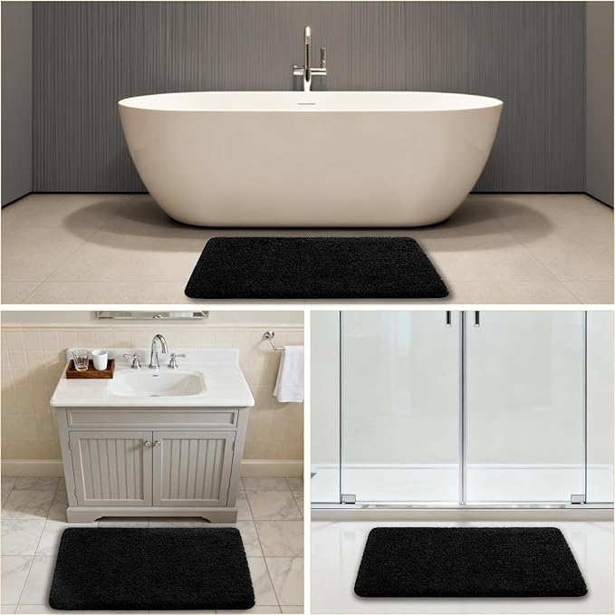 Black Bathroom Rug 24"x36" - Fluffy Microfiber Bath Mat, Non Slip and Absorbent Bathroom Floor Mat, Machine Washable Plush Rug - Ideal for Tub, Cabinet or Washroom
