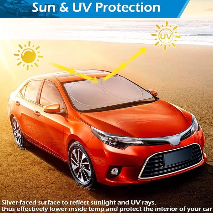 IC ICLOVER Car Windshield Sun Shade, 210T Material Foldable Front Window Sun Visor Protector, Blocks Heat and UV Rays Sun Protection Shield, Keep Your Vehicle Cool, Fits Smaller Cars,Sedan,SUV (Small)